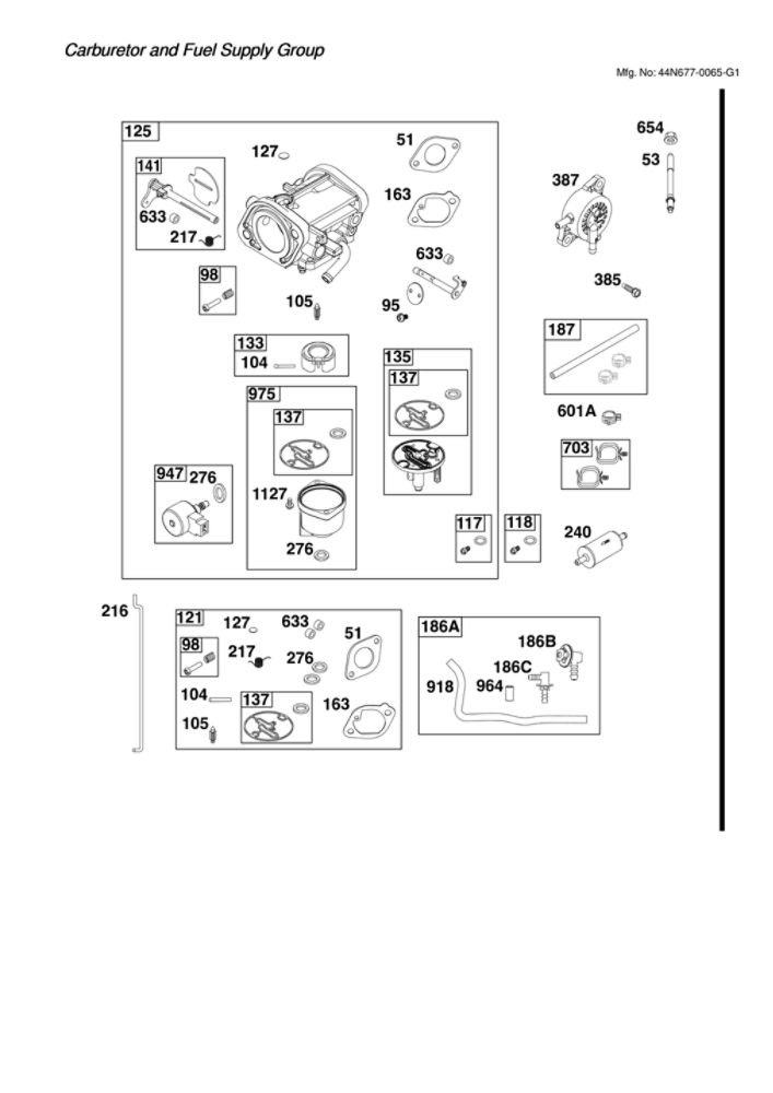 Carburetor/Fuel Supply Diagram and Parts List for 44N677-0065-G1  Briggs and Stratton Engine